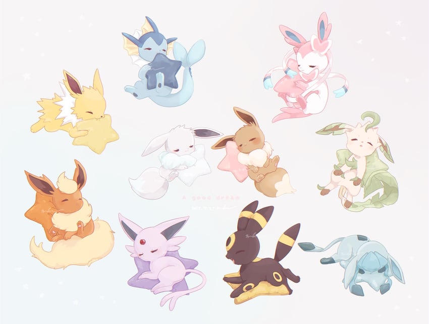 eevee, sylveon, umbreon, glaceon, vaporeon, and 4 more (pokemon) drawn by mkt_(buizu-miki)