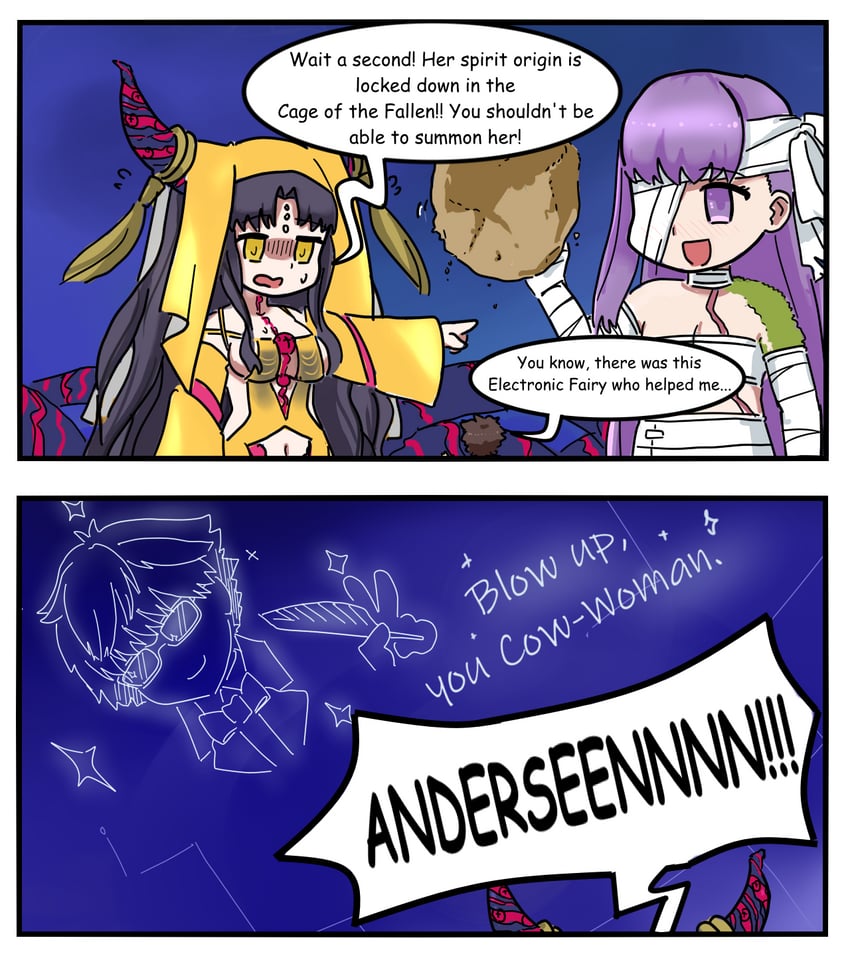 fujimaru ritsuka, sessyoin kiara, hans christian andersen, and kingprotea (fate and 1 more) drawn by raskasar