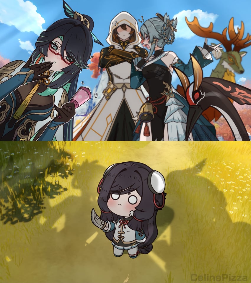 shenhe, xianyun, zhongli, cloud retainer, madame ping, and 2 more (genshin impact) drawn by celinepizza