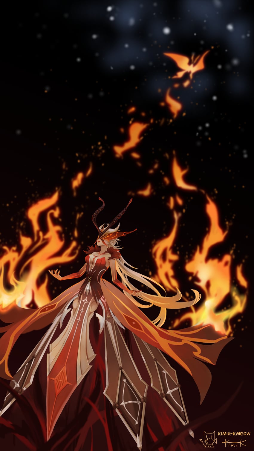 crimson lotus moth and signora (genshin impact) drawn by kimik