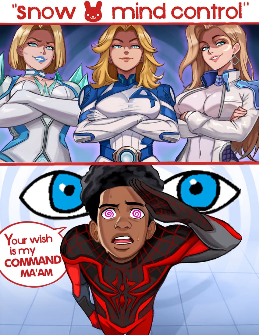 sue storm, emma frost, miles morales, spider-man, and dagger (marvel and 6 more) drawn by neggoartz