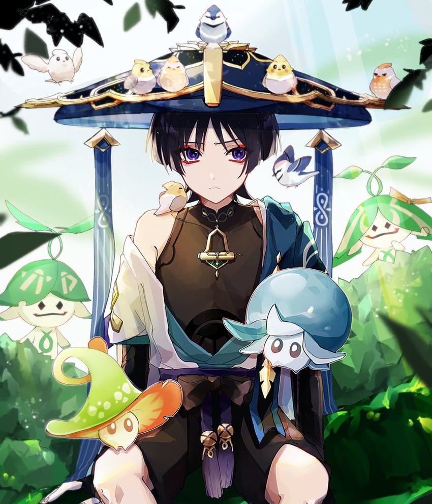 scaramouche, wanderer, aranara, and fungi (genshin impact) drawn by ego_(ego_inp)