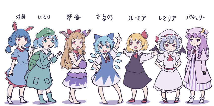 remilia scarlet, cirno, patchouli knowledge, rumia, kawashiro nitori, and 2 more (touhou) drawn by kame_(kamepan44231)