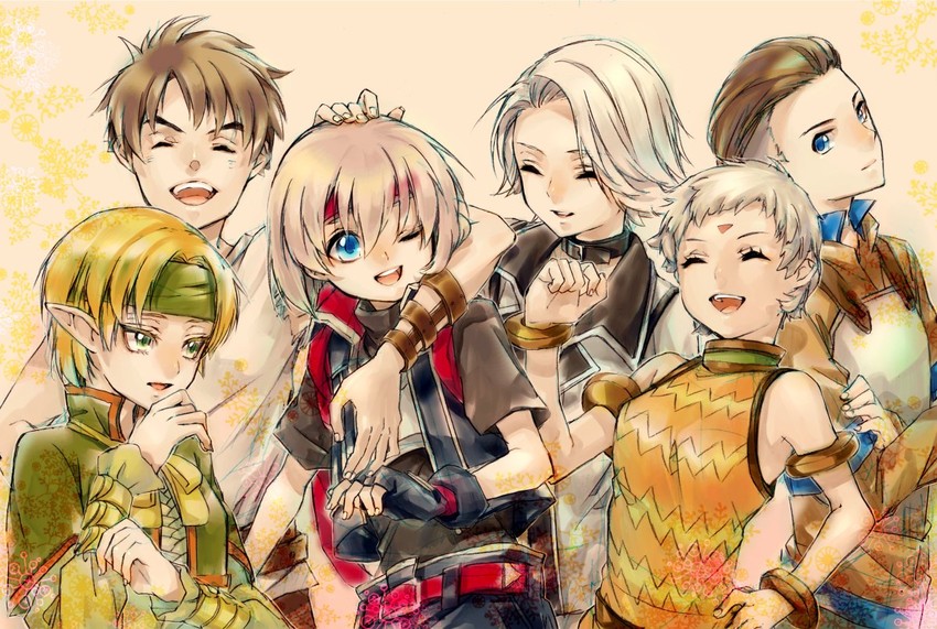 lazlo, paula, jewel, keneth, snowe vingerhut, and 1 more (gensou suikoden and 1 more) drawn by ichiko_milk_tei