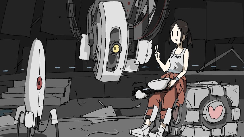 glados, chell, weighted companion cube, and turret (portal and 1 more) draw...