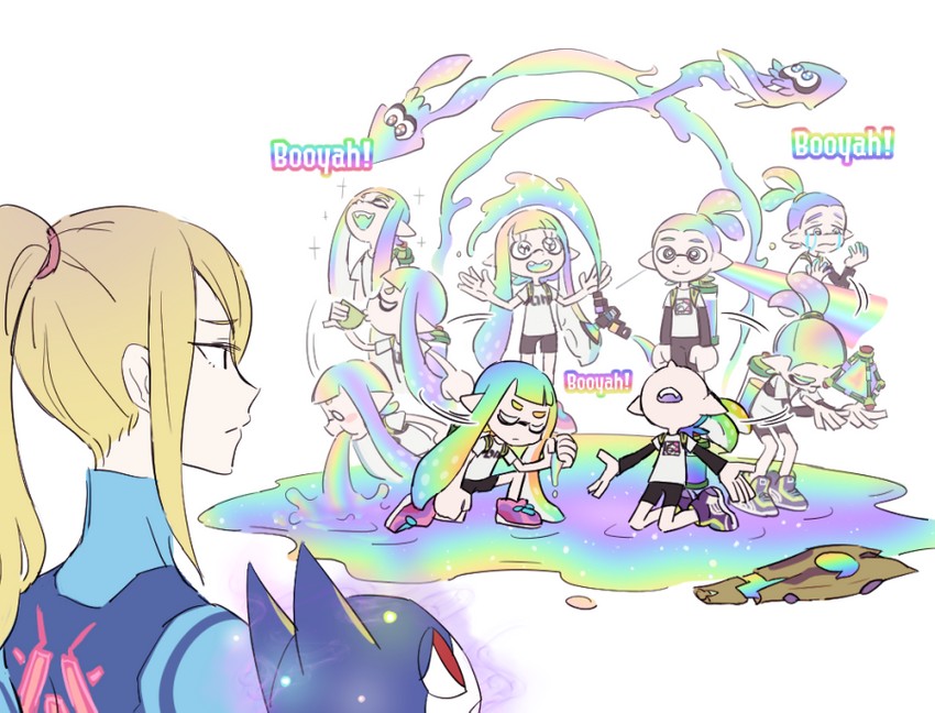 inkling player character, inkling girl, samus aran, inkling boy, and rover (splatoon and 3 more) drawn by noii
