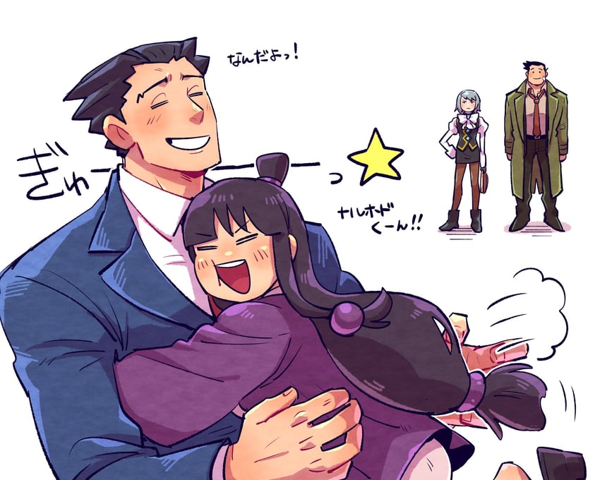 phoenix wright, maya fey, franziska von karma, and dick gumshoe (ace attorney) drawn by yowasabimechaoc