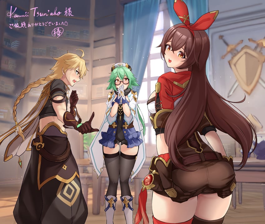 aether, amber, and sucrose (genshin impact) drawn by tsubaki_batake