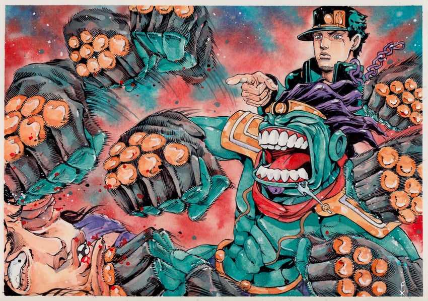kujo jotaro, star platinum, and steely dan (jojo no kimyou na bouken and 1 more) drawn by xfkart