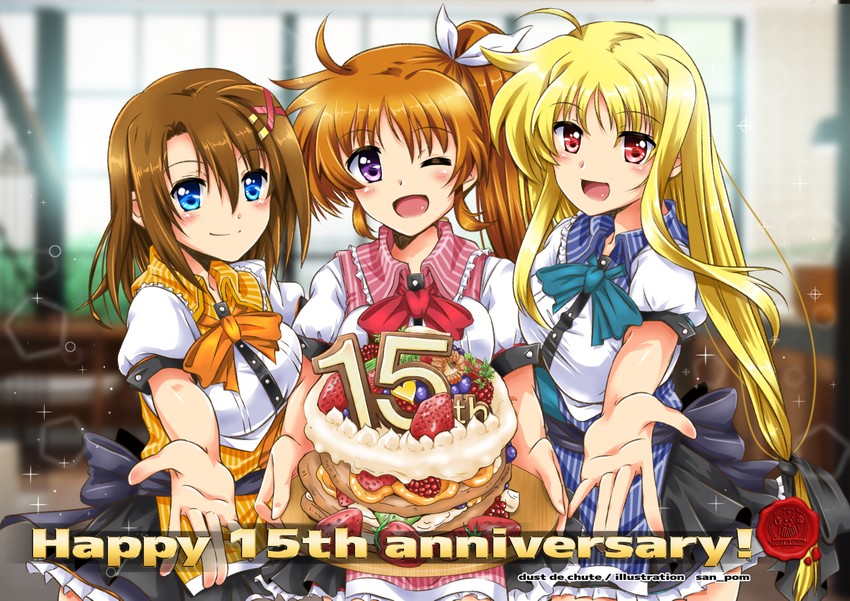 fate testarossa, takamachi nanoha, and yagami hayate (lyrical nanoha and 2 more) drawn by san-pon