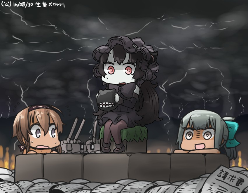 yuubari, teruzuki, enemy aircraft, chou-10cm-hou-chan, and isolated island oni (kantai collection) drawn by hamu_koutarou