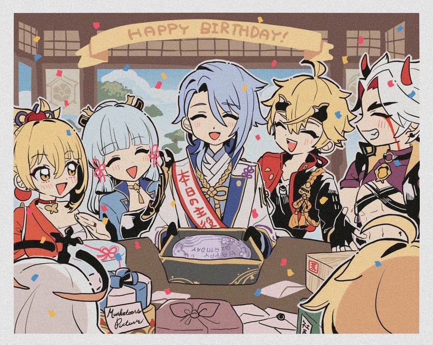 aether, paimon, kamisato ayaka, yoimiya, kamisato ayato, and 2 more (genshin impact) drawn by mugime_(oretekisunshine)