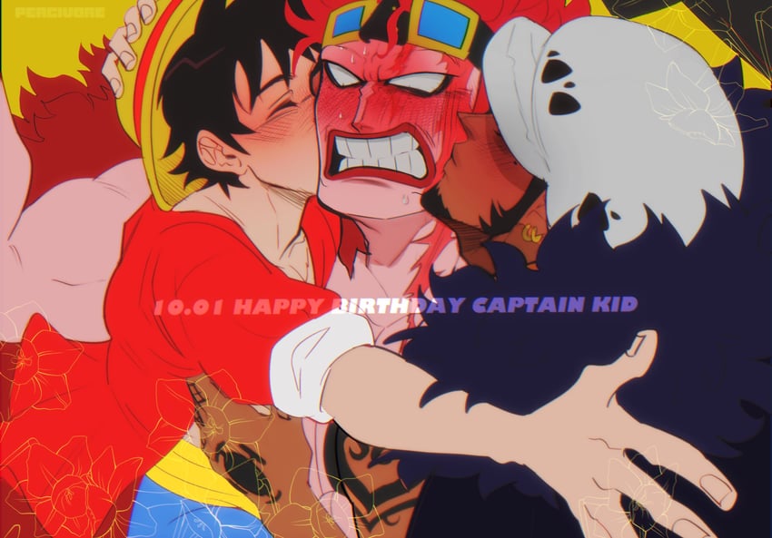 monkey d. luffy, trafalgar law, and eustass kid (one piece) drawn by percivore