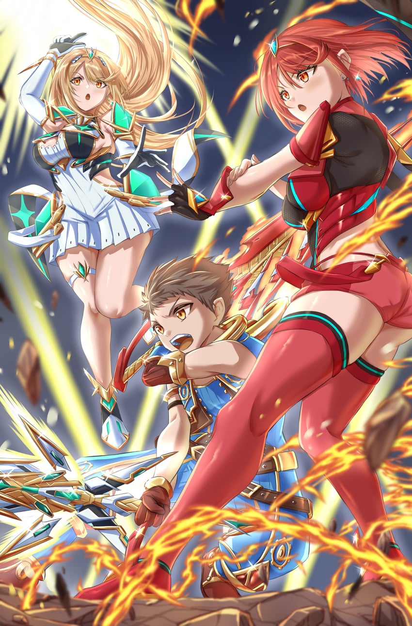 pyra, mythra, and rex (xenoblade chronicles and 1 more) drawn by kenichiart