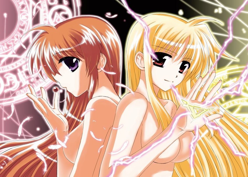 fate testarossa, takamachi nanoha, raising heart, and bardiche (lyrical nanoha and 1 more) drawn by kohaku_(kohagura)