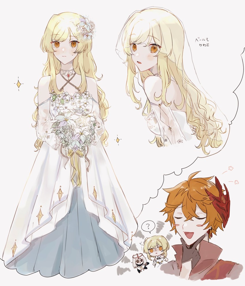 lumine, paimon, and tartaglia (genshin impact) drawn by ym_x74