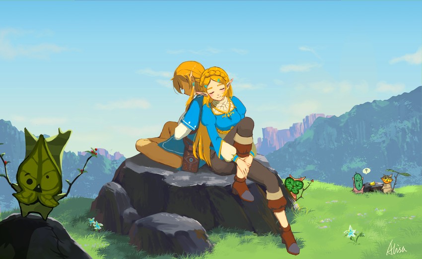 link, princess zelda, and korok (the legend of zelda and 1 more) drawn by alisa_(7320818)