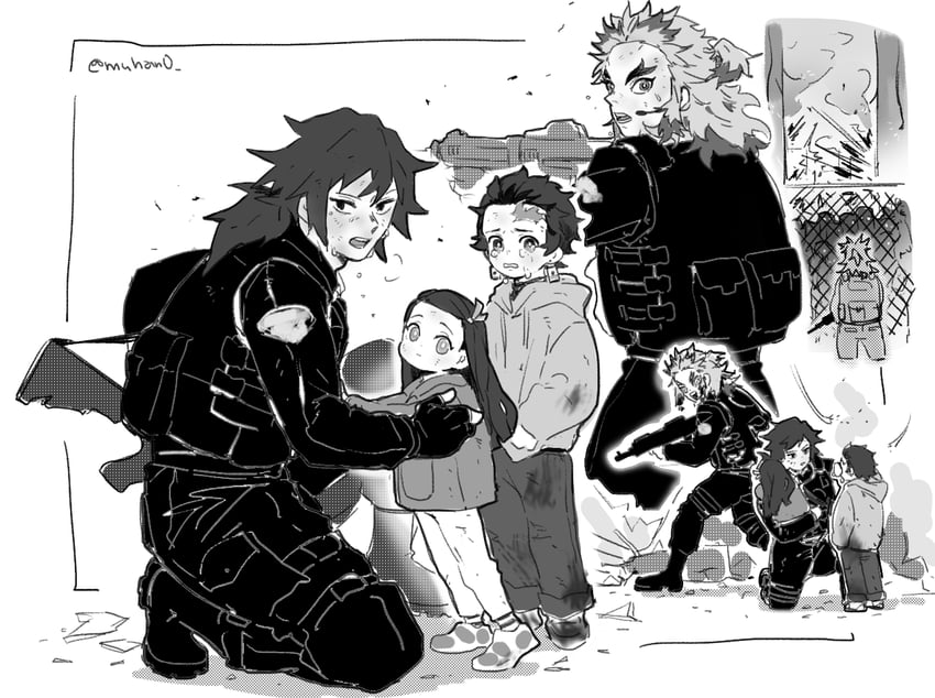 kamado nezuko, kamado tanjirou, rengoku kyoujurou, and tomioka giyuu (kimetsu no yaiba) drawn by 204_(pixiv4622952)