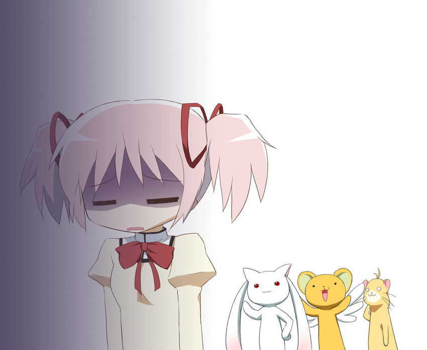 kaname madoka, kyubey, kero, and yuuno scrya (mahou shoujo madoka magica and 3 more) drawn by sayurishu