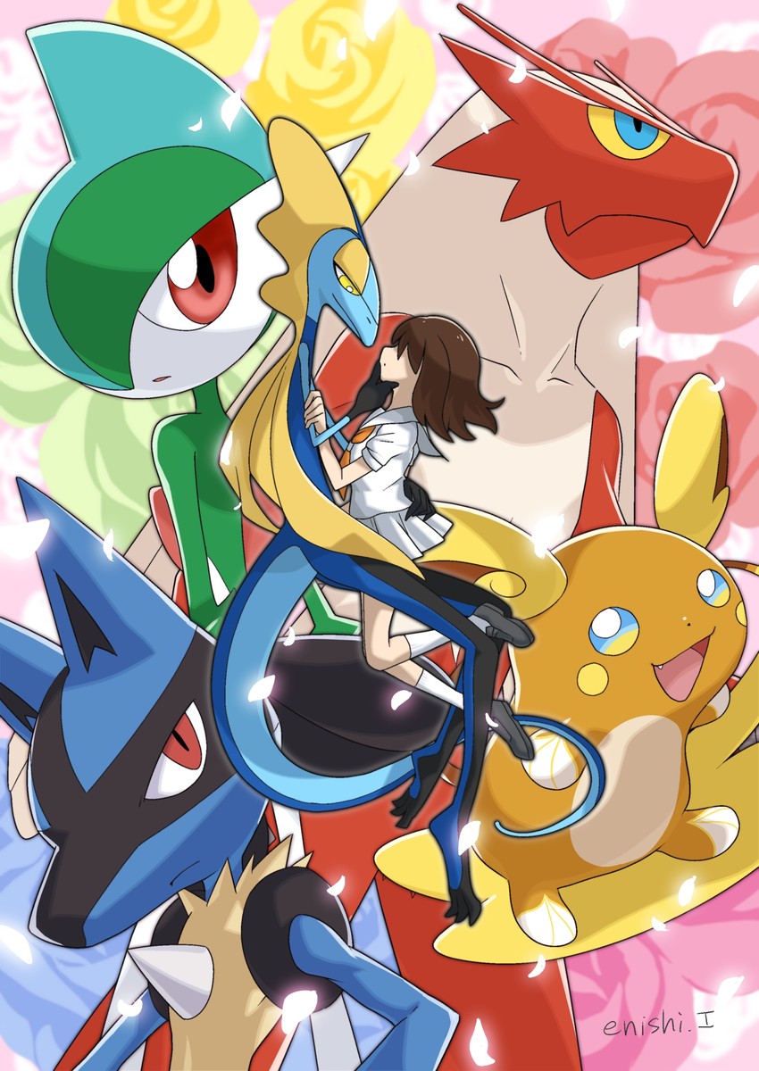 lucario, gallade, blaziken, inteleon, and alolan raichu (original and 1 more) drawn by yukari_(yukari21653710)