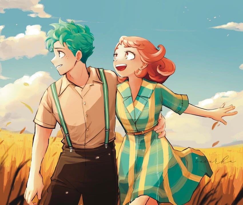 midoriya izuku and uraraka ochaco (boku no hero academia) drawn by reallyveverka