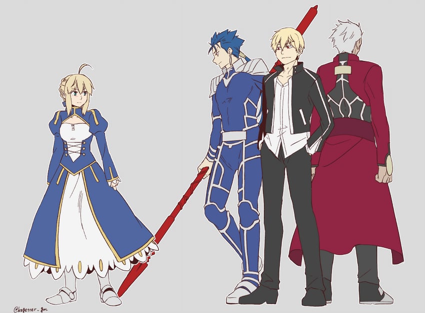 artoria pendragon, saber, gilgamesh, cu chulainn, and archer (fate and 1 more) drawn by moonlight_0423