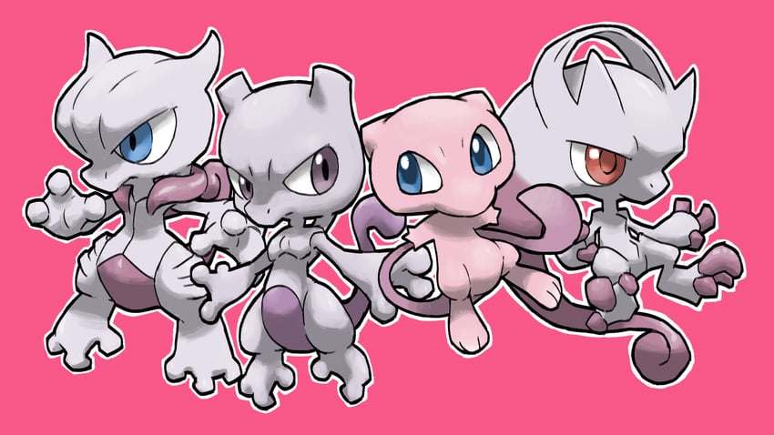 mew, mewtwo, mega mewtwo y, and mega mewtwo x (pokemon) drawn by blacknirrow