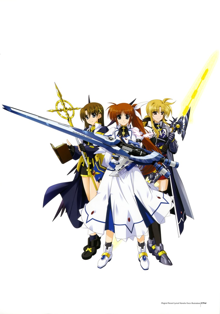 fate testarossa, takamachi nanoha, yagami hayate, raising heart, bardiche, and 3 more (lyrical nanoha and 1 more) drawn by higa_yukari
