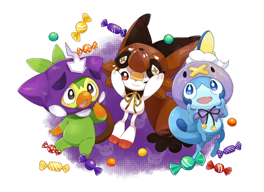 scorbunny, sobble, grookey, drifloon, toxel, and 1 more (pokemon) drawn by minamo_(pixiv17726065)