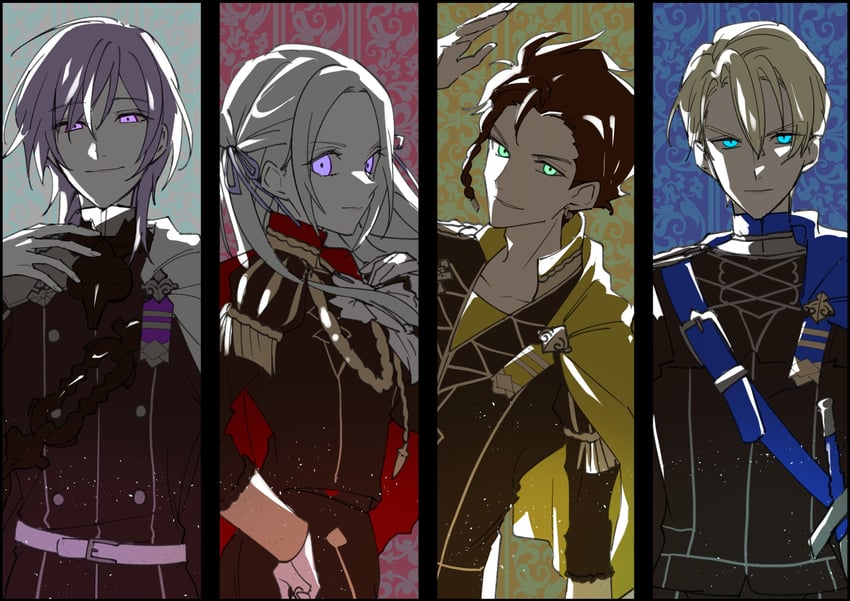 edelgard von hresvelg, dimitri alexandre blaiddyd, claude von riegan, and yuri leclerc (fire emblem and 1 more) drawn by illust_mi