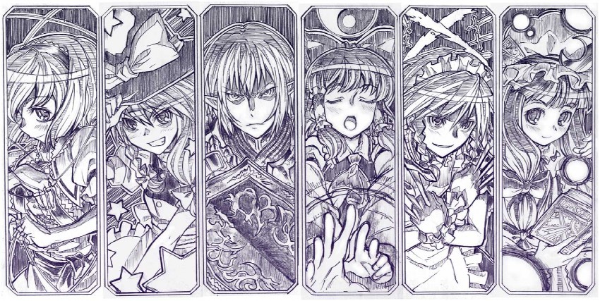 hakurei reimu, kirisame marisa, izayoi sakuya, alice margatroid, patchouli knowledge, and 1 more (touhou and 3 more) drawn by sakino_shingetsu