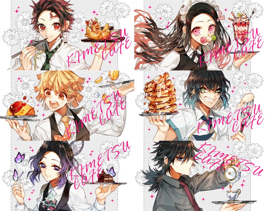kamado nezuko, kochou shinobu, kamado tanjirou, tomioka giyuu, agatsuma zenitsu, and 1 more (kimetsu no yaiba and 1 more) drawn by sapphire_(nine)