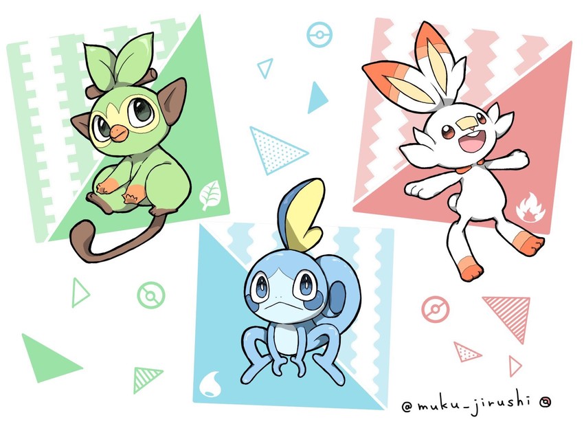 scorbunny, sobble, and grookey (pokemon) drawn by muku_jirushi