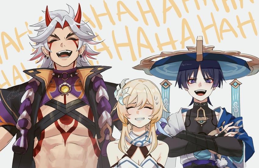 lumine, scaramouche, wanderer, and arataki itto (genshin impact) drawn by uglykao