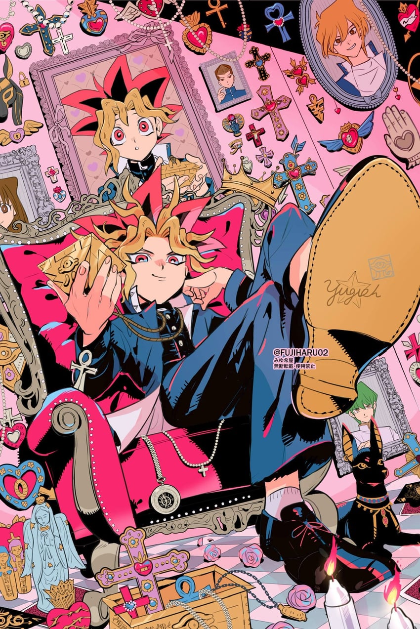 muto yugi, kaiba seto, yami yugi, mazaki anzu, jonouchi katsuya, and 1 more (yu-gi-oh!) drawn by fujiharu_(akamine)