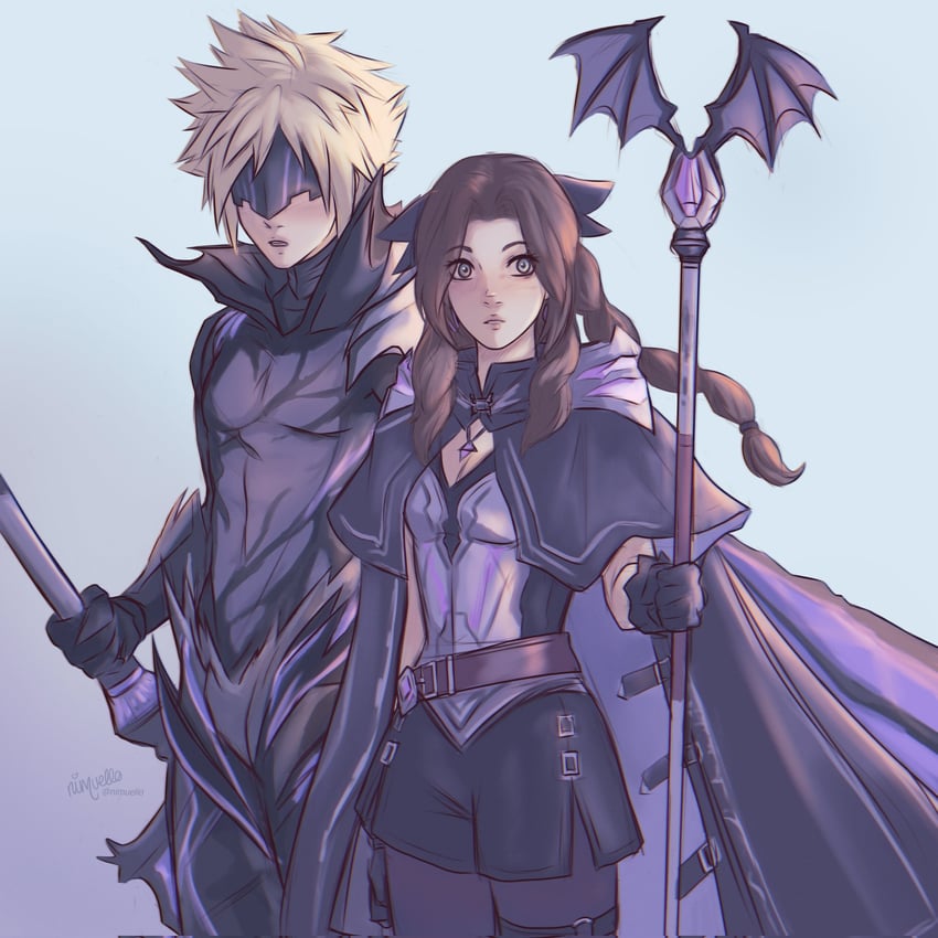 cloud strife and aerith gainsborough (final fantasy and 2 more) drawn by nimuello