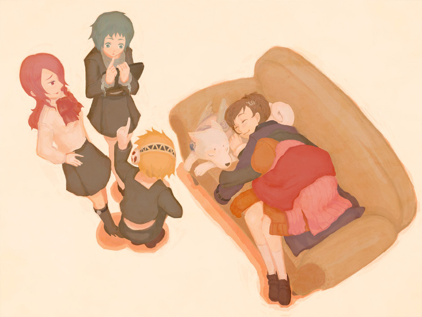 aigis, shiomi kotone, kirijou mitsuru, yamagishi fuuka, and koromaru (persona and 2 more) drawn by tensora