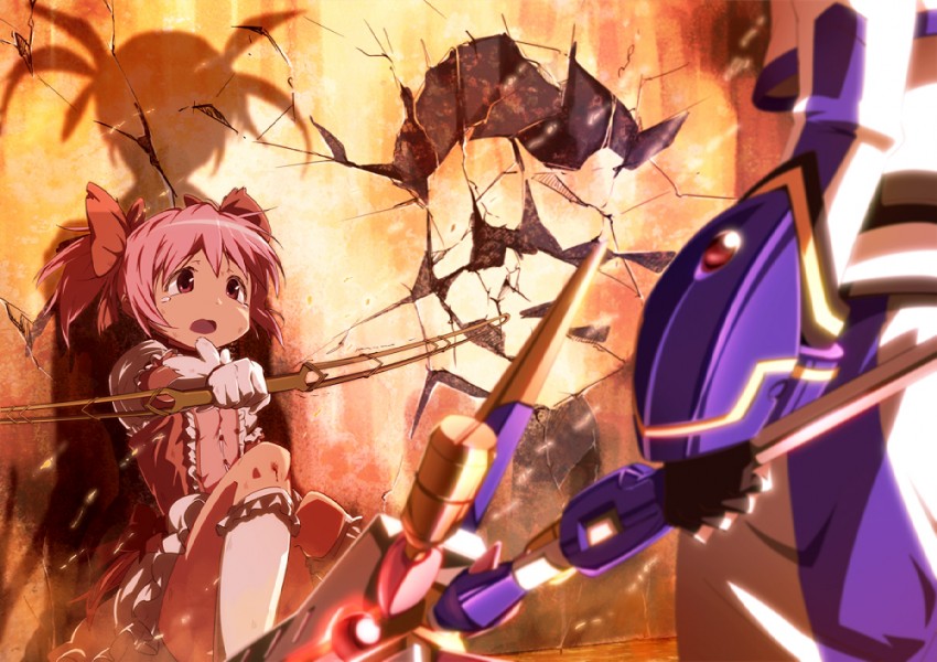 kaname madoka, takamachi nanoha, and raising heart (mahou shoujo madoka magica and 3 more) drawn by bun150