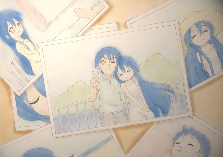 izumi konata, izumi kanata, and izumi soujirou (lucky star) drawn by kakuzou