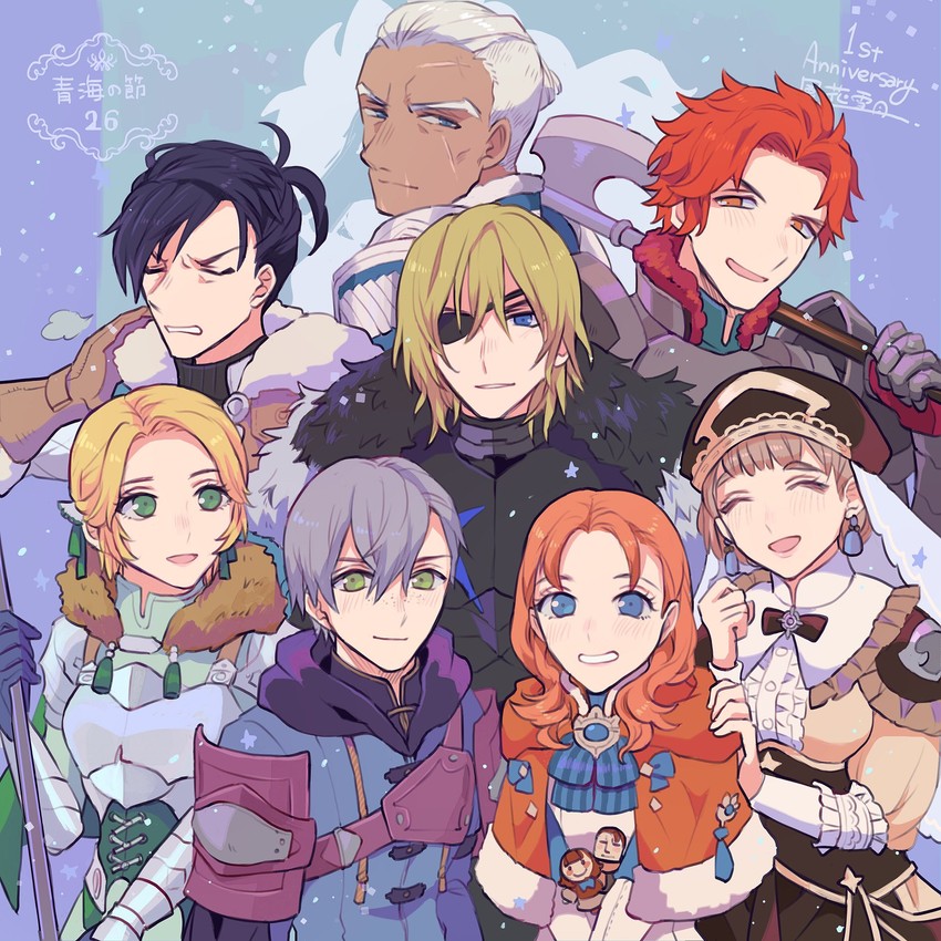 dimitri alexandre blaiddyd, ingrid brandl galatea, sylvain jose gautier, mercedes von martritz, felix hugo fraldarius, and 3 more (fire emblem and 1 more) drawn by noshima