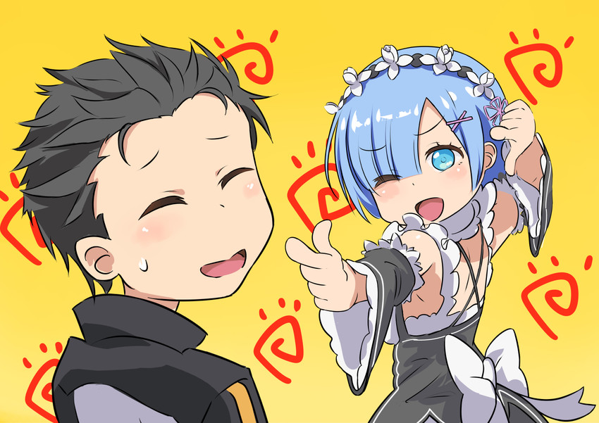 rem and natsuki subaru (re:zero kara hajimeru isekai seikatsu and 1 more) drawn by tochibi