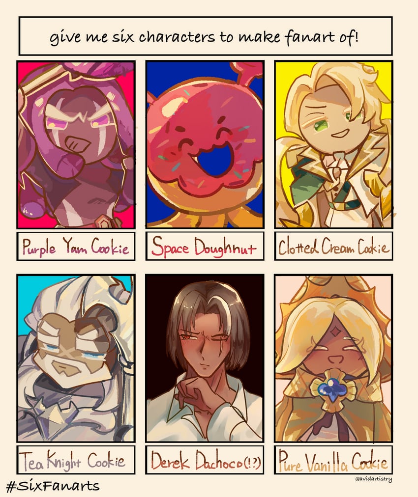 pure vanilla cookie, dark choco cookie, clotted cream cookie, space doughnut, tea knight cookie, and 1 more (cookie run and 1 more) drawn by kapuri_cha