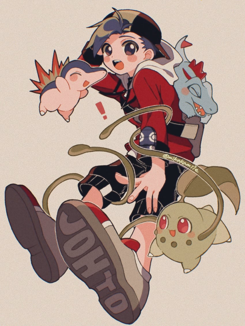 ethan, cyndaquil, chikorita, and totodile (pokemon and 1 more) drawn by mikakami1e