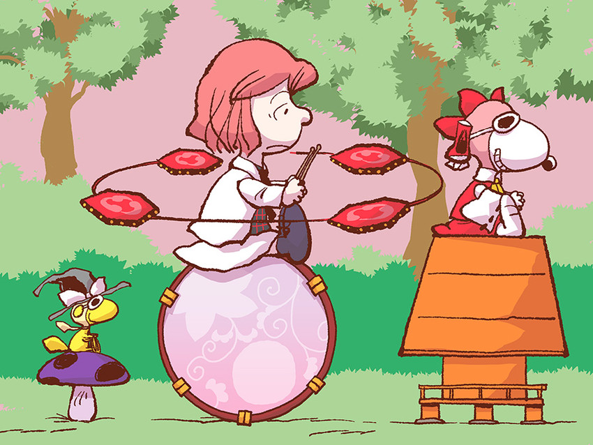 hakurei reimu, kirisame marisa, horikawa raiko, snoopy, and woodstock (touhou and 1 more) drawn by chamupei