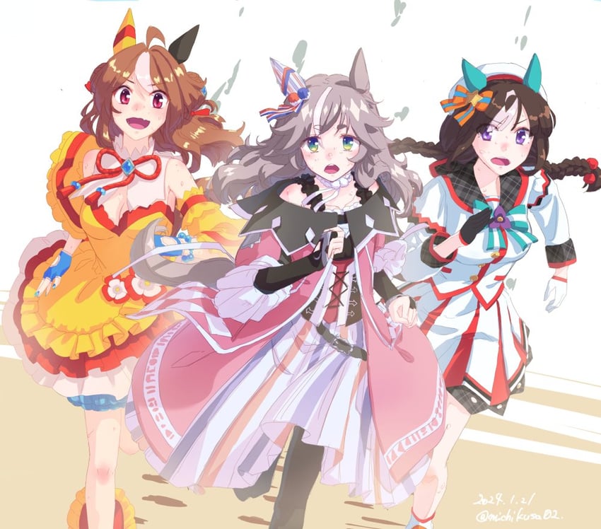 hokko tarumae, copano rickey, and wonder acute (umamusume) drawn by takuzui