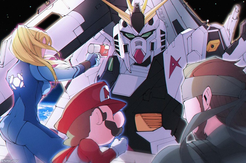 samus aran, mario, solid snake, and nu gundam (gundam and 7 more) drawn by kyou_(iuciferic)