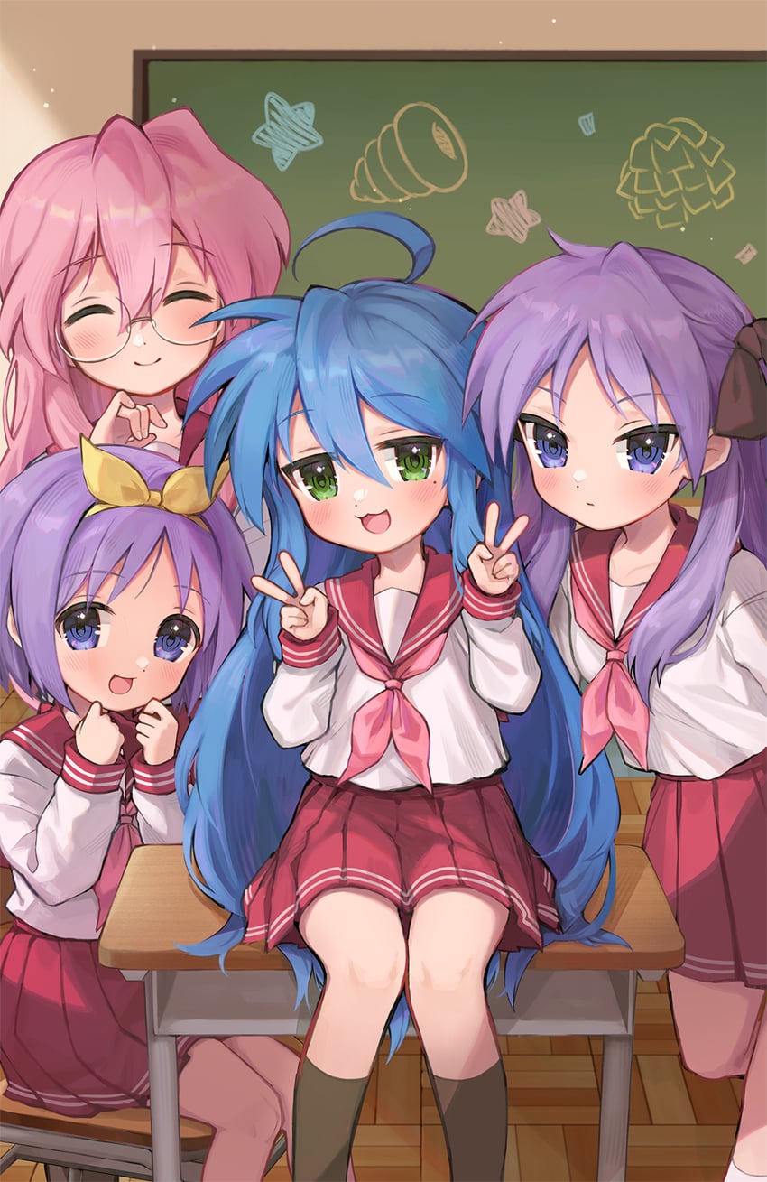 hiiragi kagami, izumi konata, hiiragi tsukasa, and takara miyuki (lucky star) drawn by roo_(chojino)