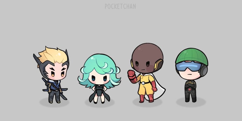 tatsumaki, saitama, soldier: 76, genji, kiriko, and 7 more (overwatch and 2 more) drawn by pocketchan