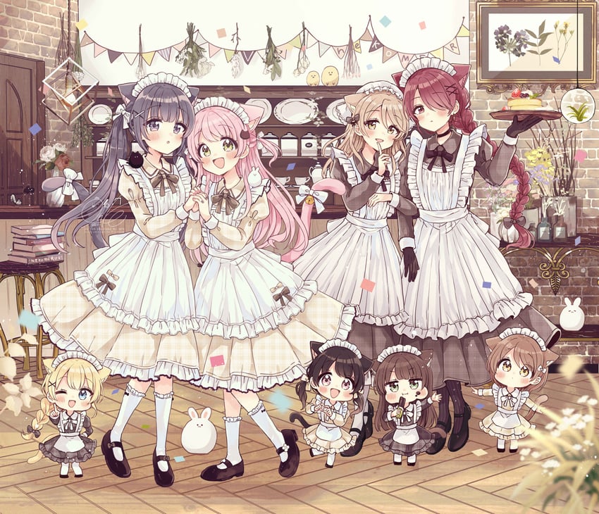 moco, rucora, haru, makia, fuu, and 3 more (fushigi na neko no machi meltier) drawn by sakura_oriko