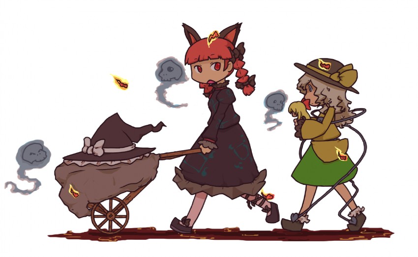 komeiji koishi, kaenbyou rin, and shanghai doll (touhou) drawn by inishie